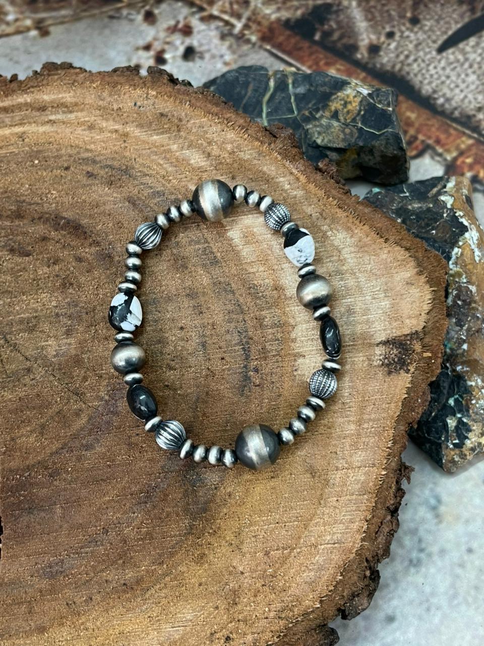 Handmade Sterling Silver Beaded White Buffalo Stretch Bracelet (7)