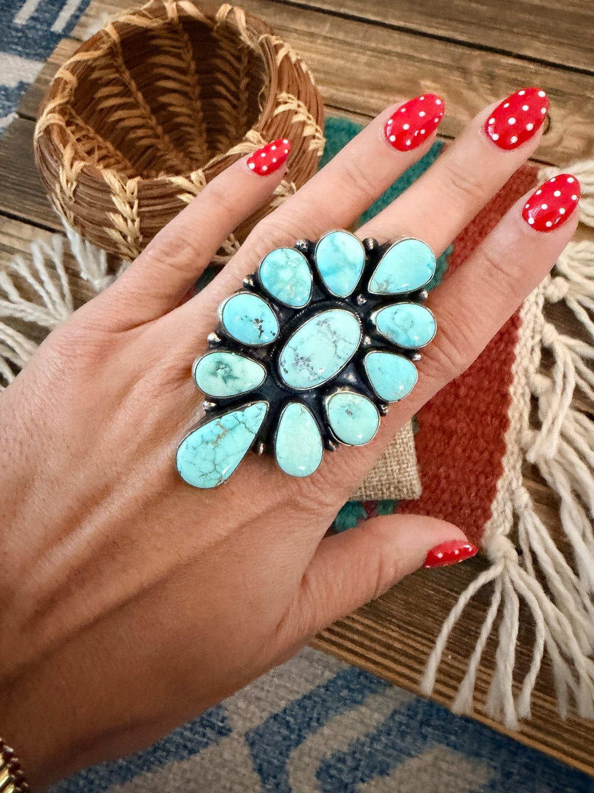 Handcrafted Kingman Turquoise & Sterling Silver Cluster Ring Size 9 by Sheila Becenti