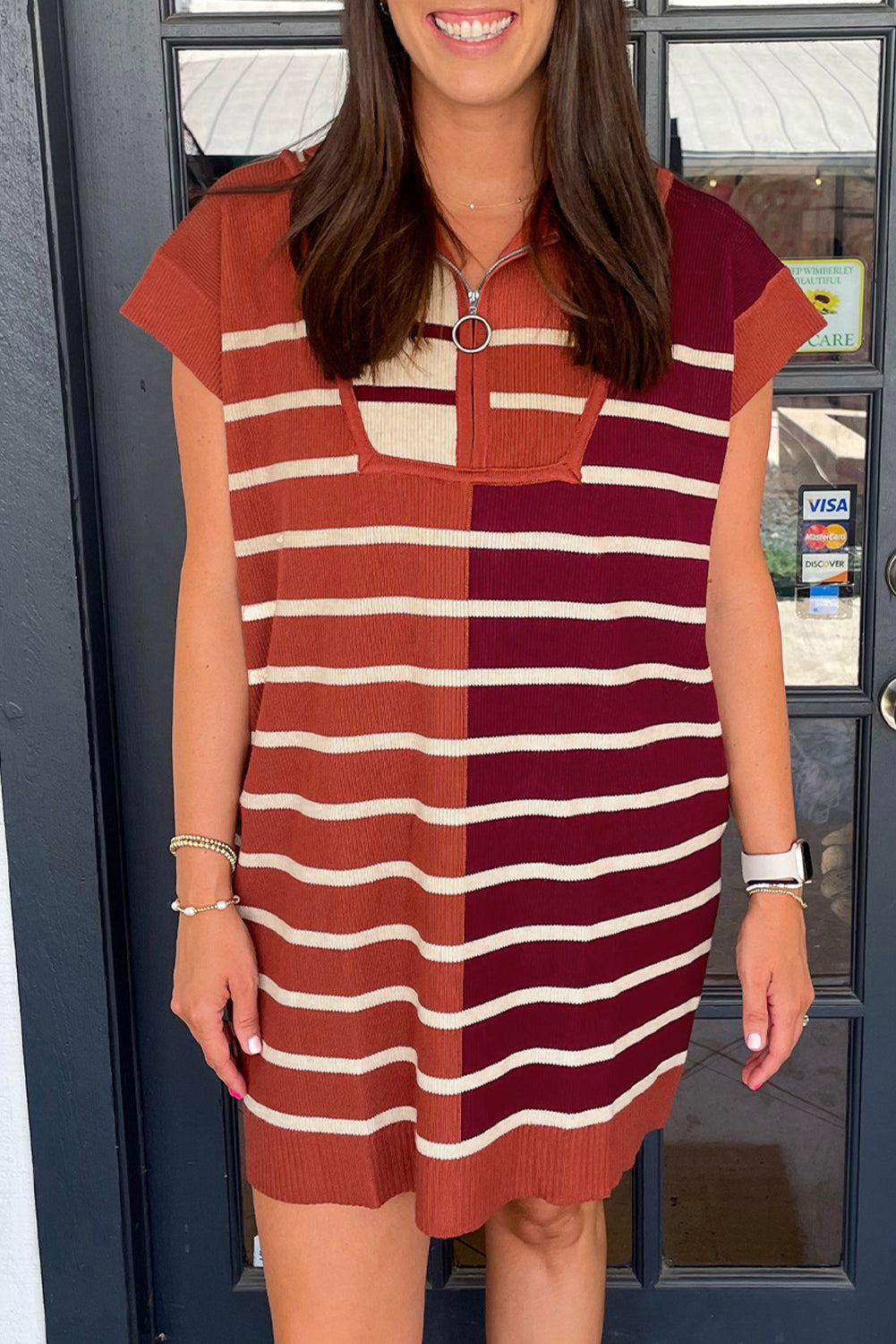 Black Stripe Color Block Quarter Zip Collar Short Sleeve Sweater Dress