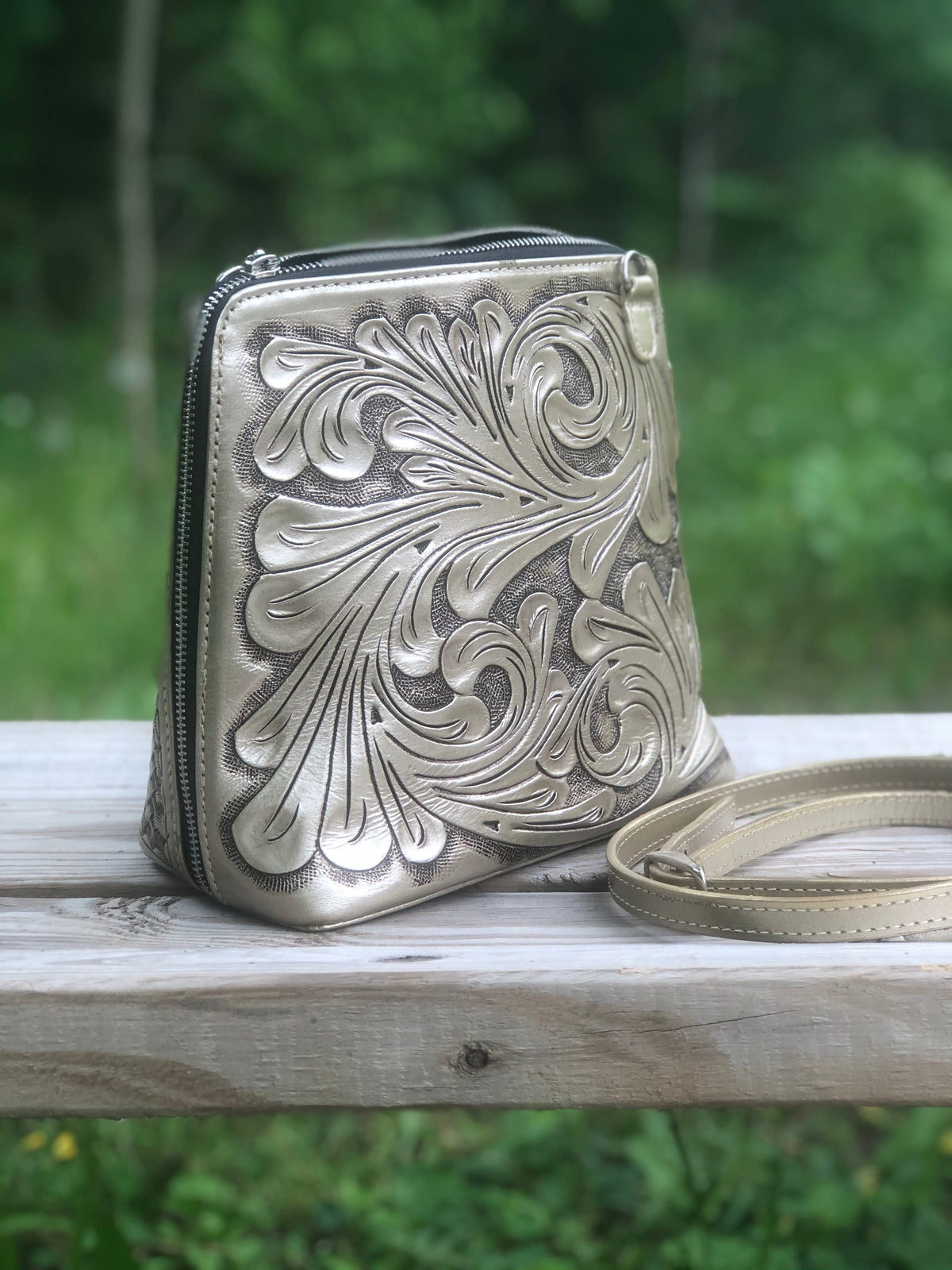 Hand-Tooled Leather Large Crossbody "CATALINA" by ALLE more Colors