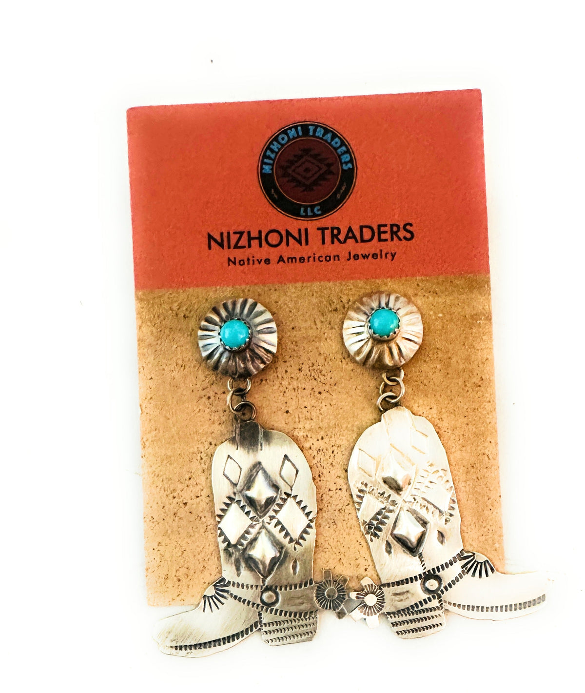 Handcrafted Turquoise & Sterling Silver Cowboy Boot Dangle Earrings By Tim Yazzie