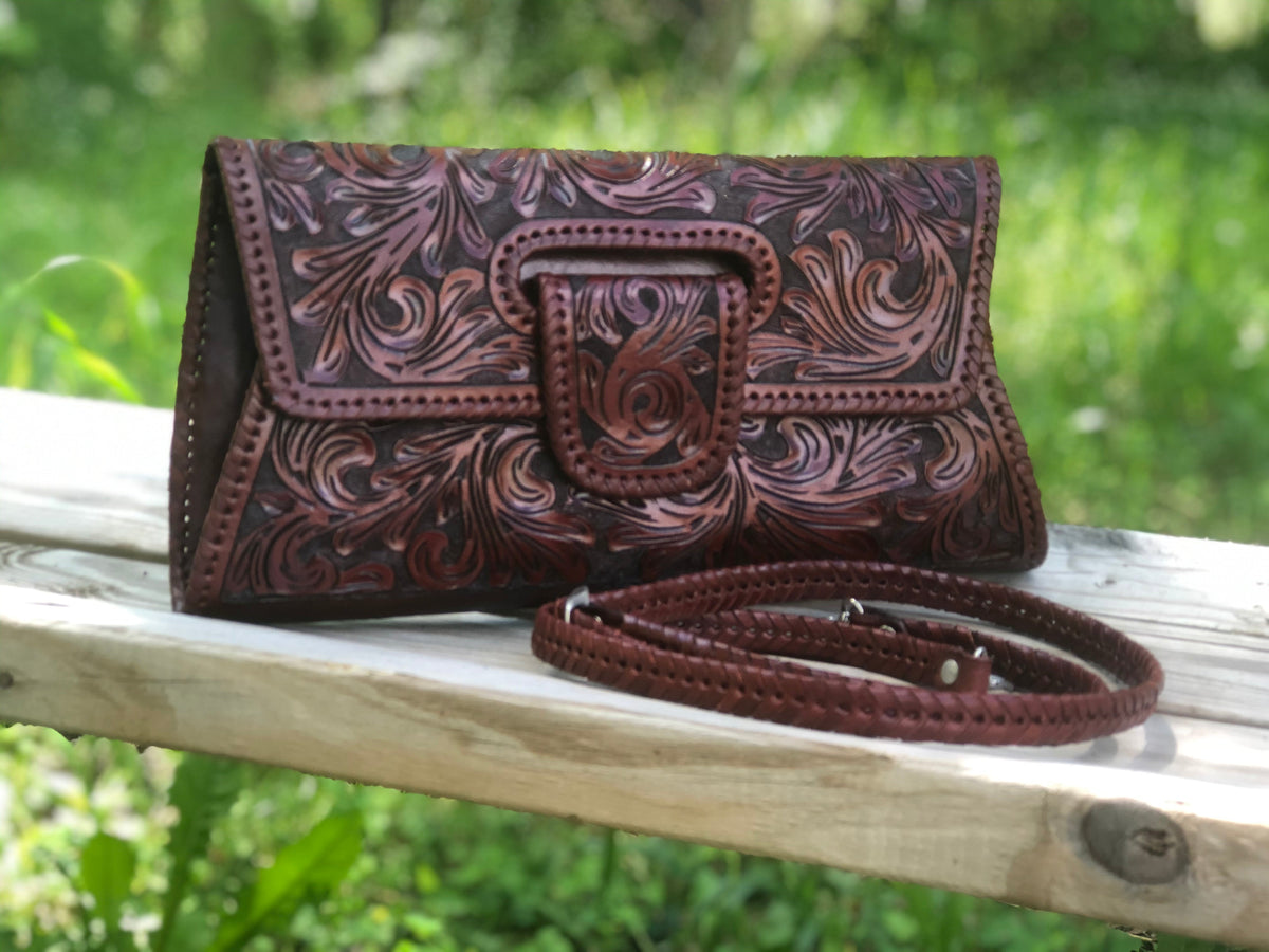 Hand-Tooled Leather Large Crossbody Clutch "LENGUETA" by ALLE