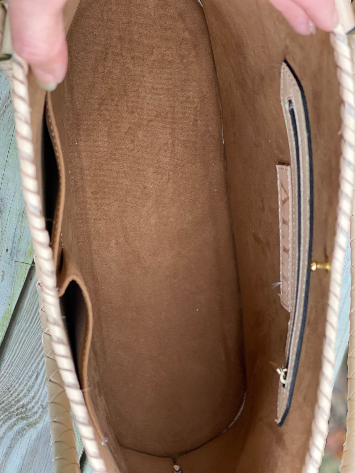 Hand Tooled Leather Extra Large Tote Travel Bag "IBIZA" Beige Color