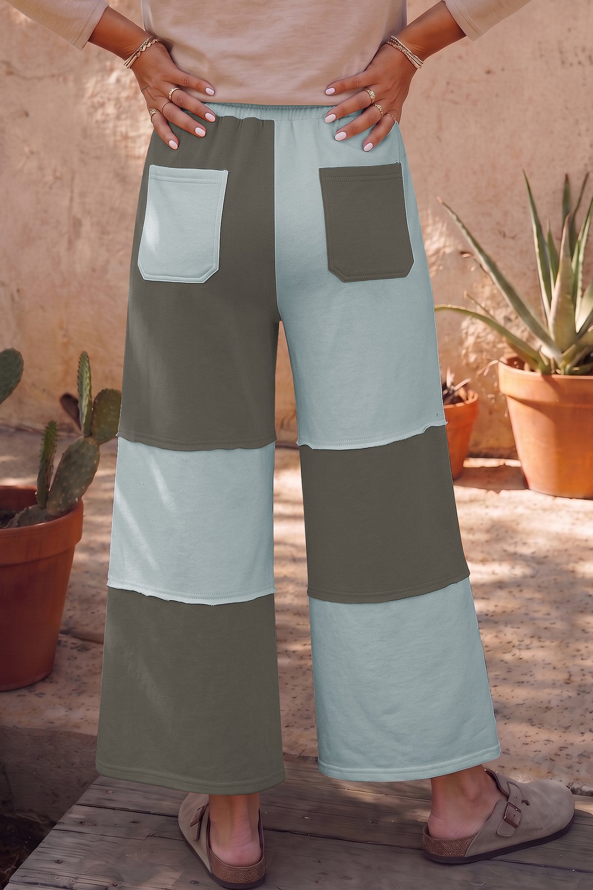 Russet Orange Raw Seam Colorblock Wide Leg Ankle Length Casual Pants