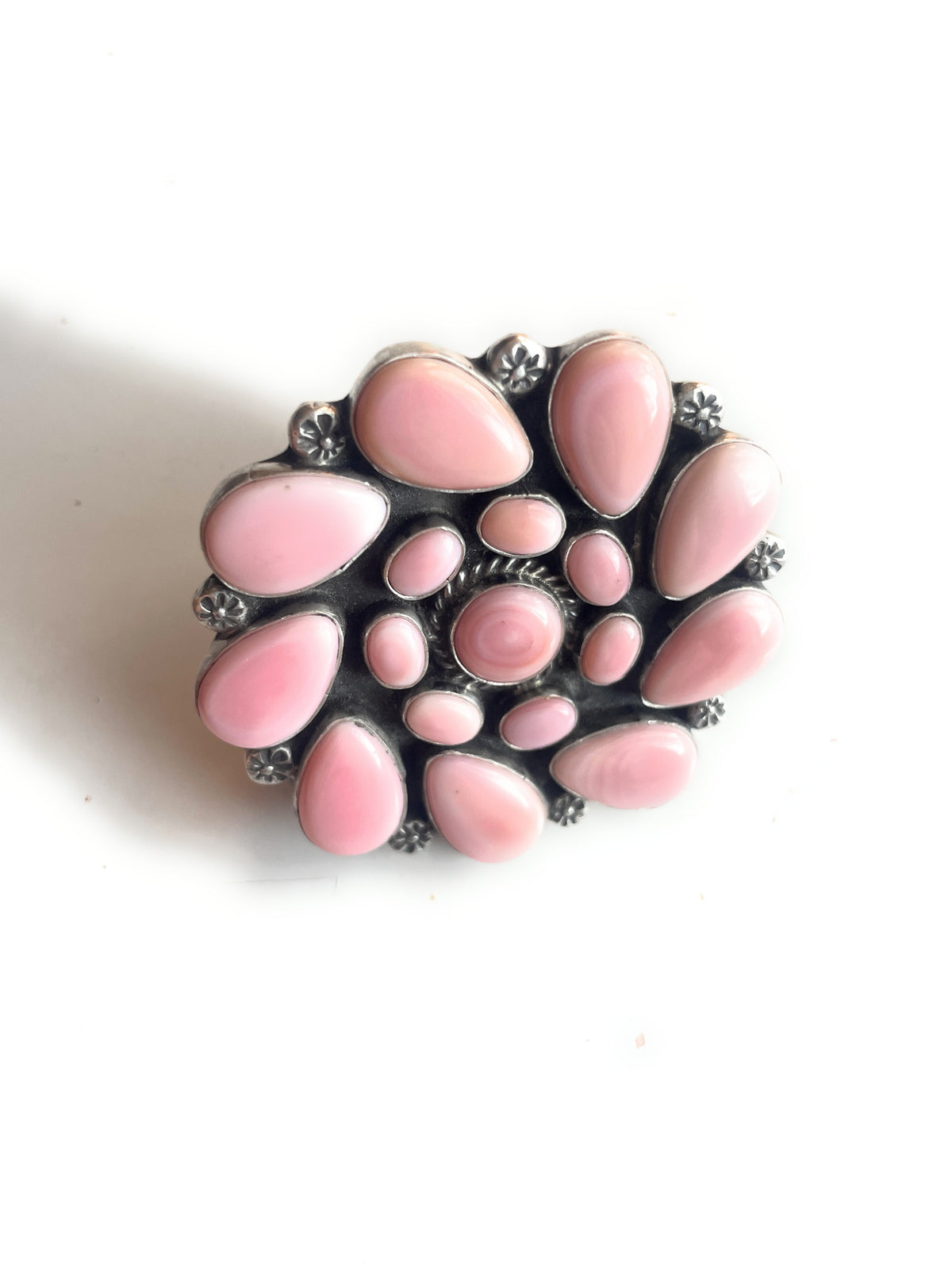 Handcrafted Sterling and Queen Pink Conch Shell Adjustable Statement Ring Signed C Yazzie