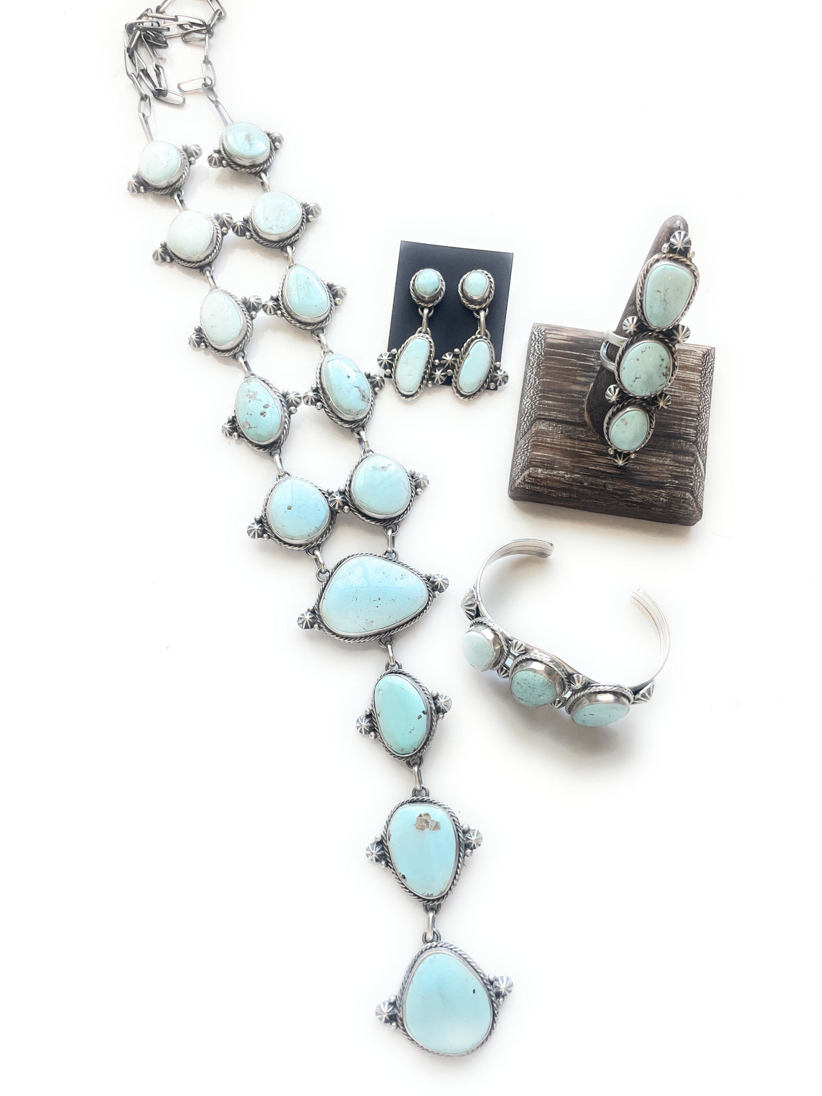 Larry Kaye Handcrafted Dry Creek Turquoise Drop Necklace, Earrings, Ring, Bracelet Set