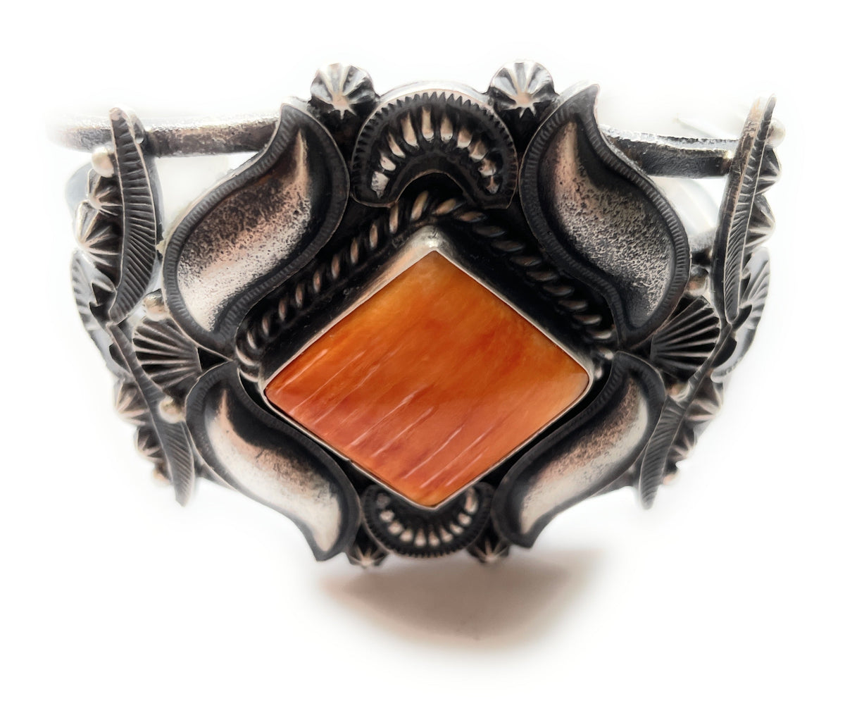 Handcrafted Orange Spiny Sterling Silver Cuff Bracelet Signed Kevin Billah /