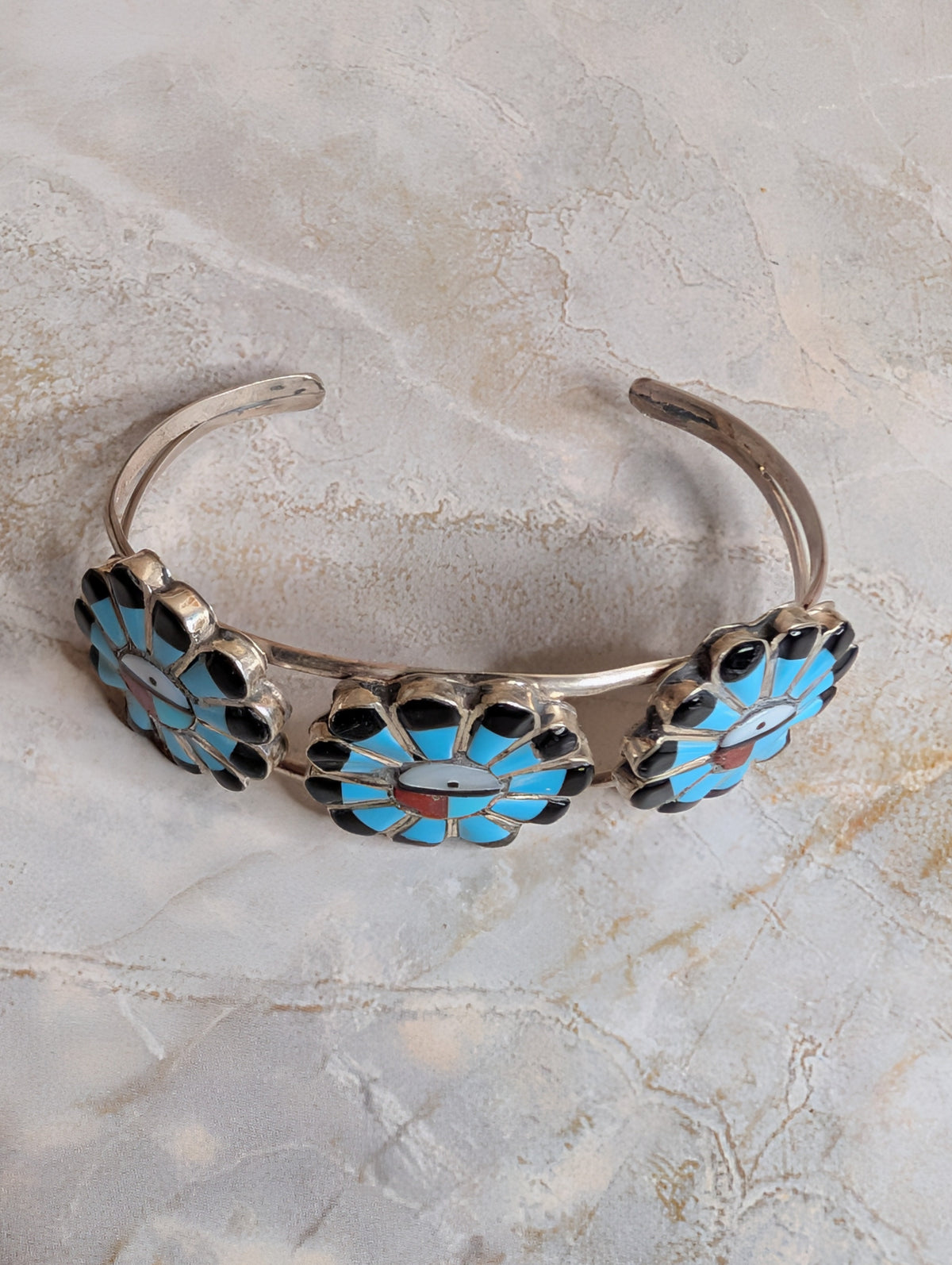 Handcrafted MultiStone Sunface Sterling Silver Cuff Bracelet With Blue Accents