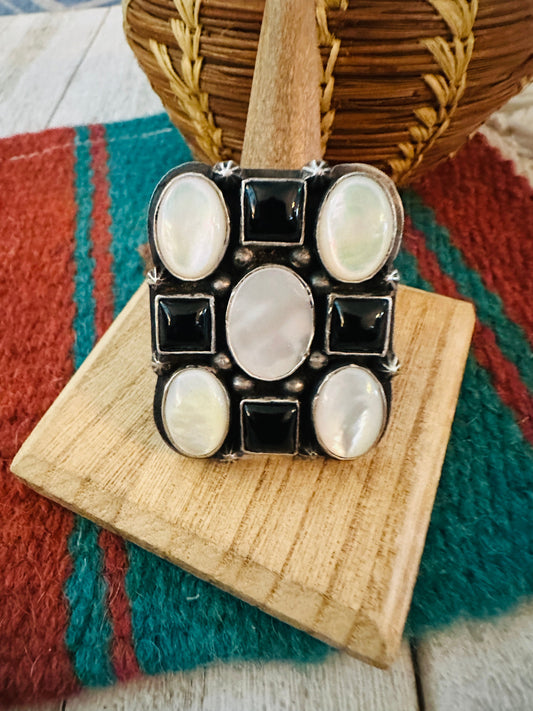 Handcrafted Sterling Silver, Onyx & Mother of Pearl Cluster Adjustable Ring by Charles Johnson
