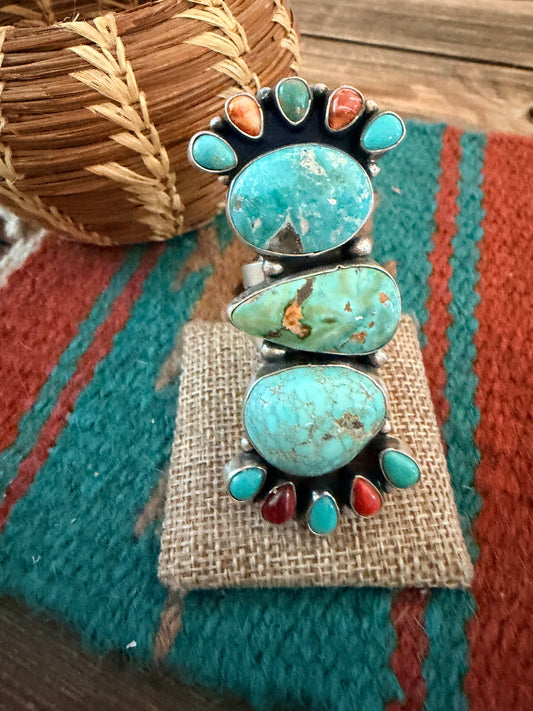 Handcrafted Spiny Oyster, Turquoise & Sterling Silver Cluster Ring by Sheila Becenti Size 9.5