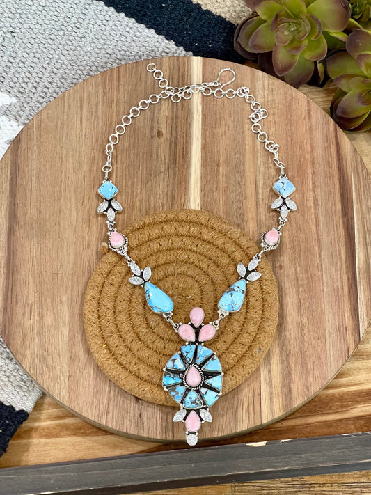 Handmade Sterling Silver, Golden Hills, Pink Conch & CZ Cluster Necklace
