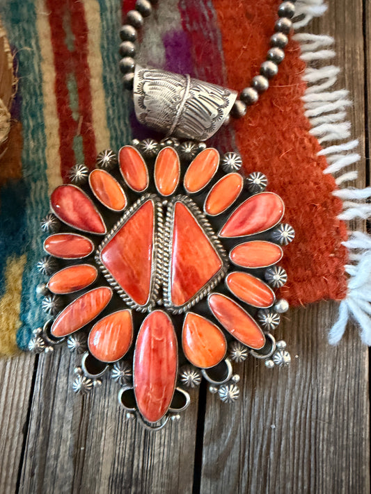 Handcrafted Sterling Silver & Orange Spiny Cluster Pendant by Tyler Brown