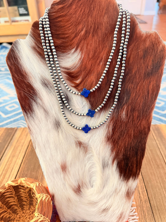 Handcrafted Lapis and Sterling Silver Pearl Quatrefoil Beaded Necklace