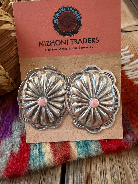 Handcrafted Queen Pink Conch & Sterling Silver Concho Post Earrings