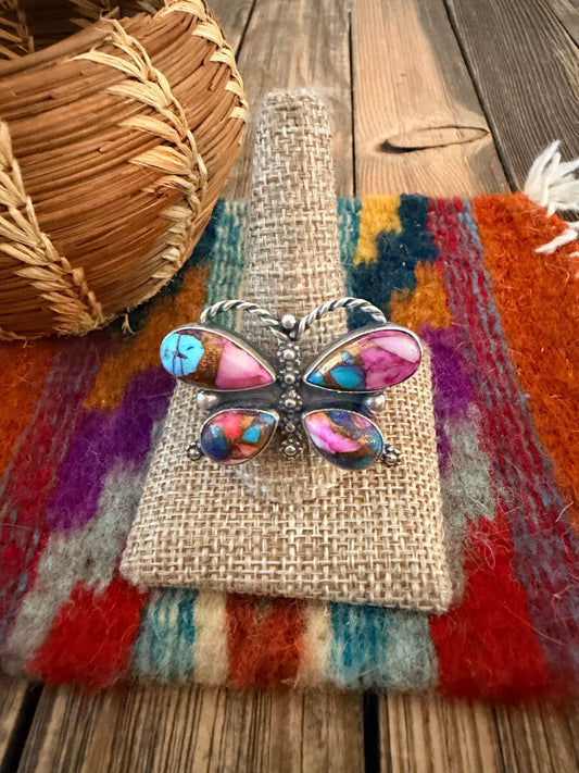 Handcrafted Pink Dream Mojave & Sterling Silver Adjustable Butterfly Ring