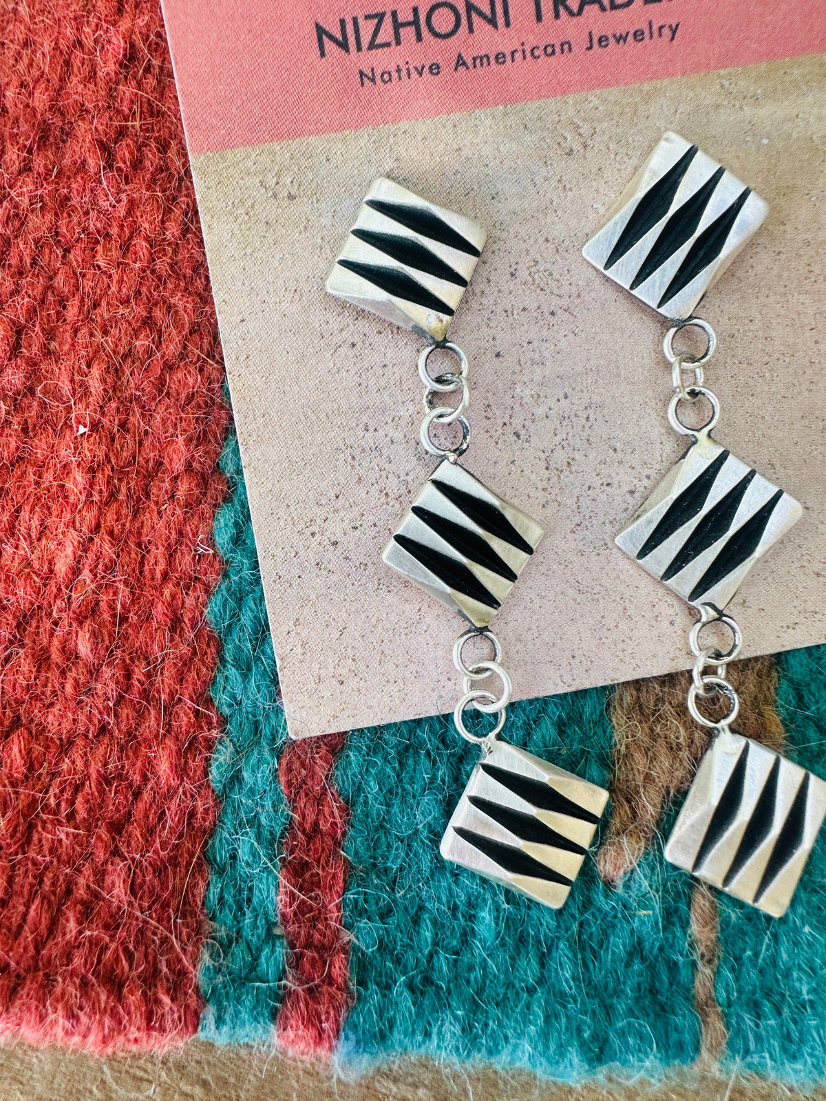 Handcrafted Hand Stamped Leander Tahe Sterling Silver Dangle Earrings