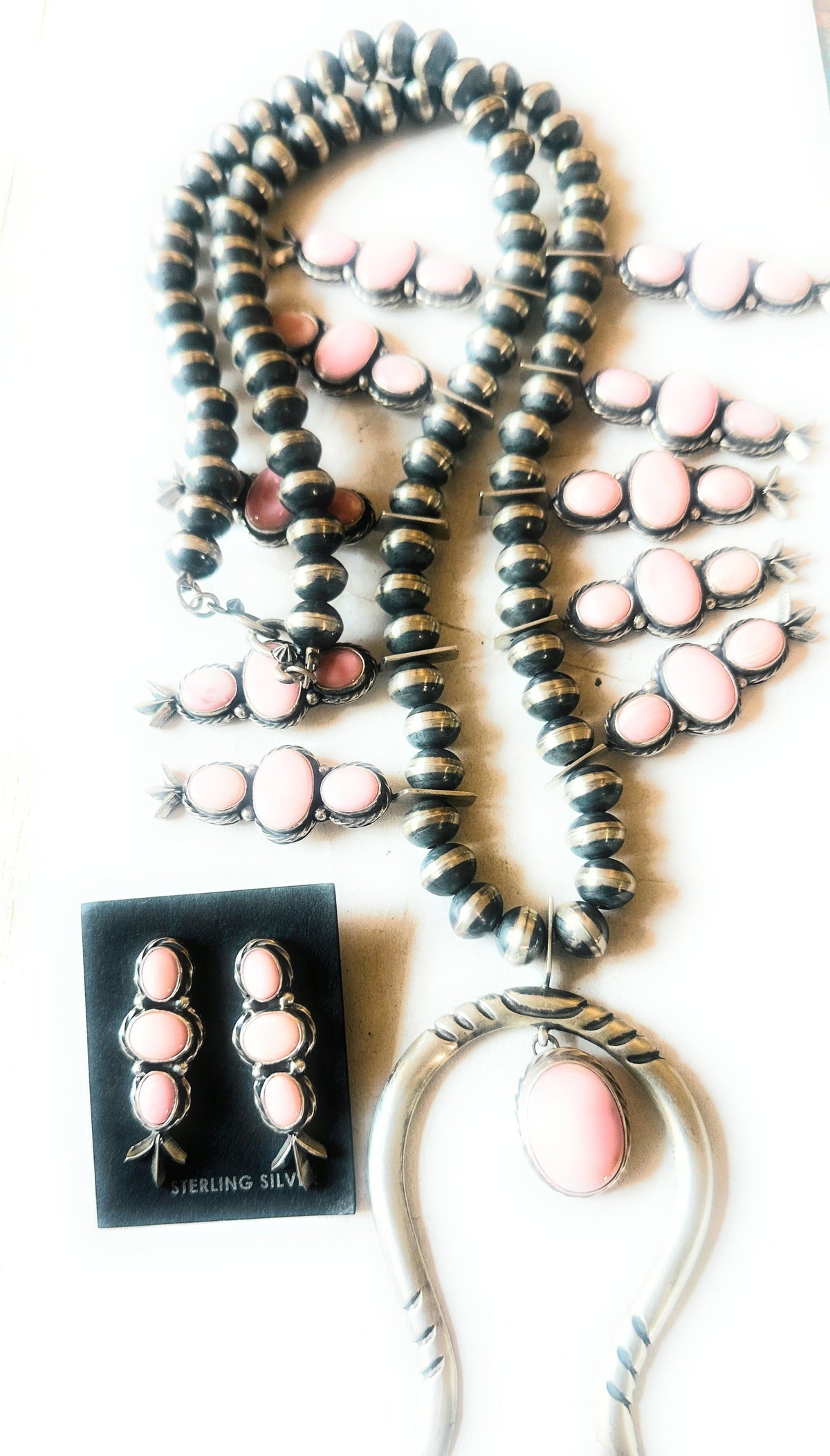 Handcrafted Sterling Silver & Queen Pink Conch Squash Blossom Necklace Set