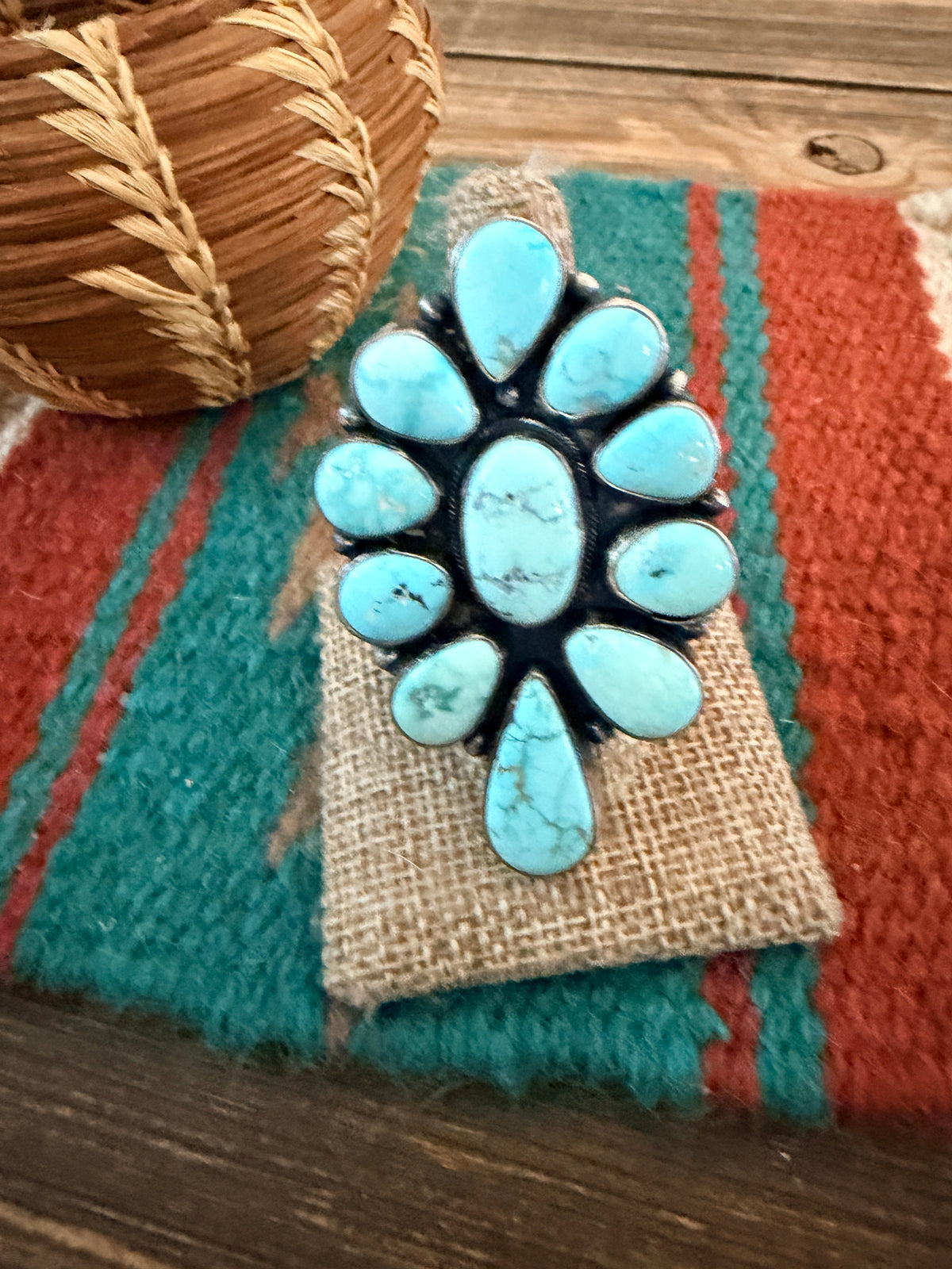 Handcrafted Kingman Turquoise & Sterling Silver Cluster Ring Size 9 by Sheila Becenti