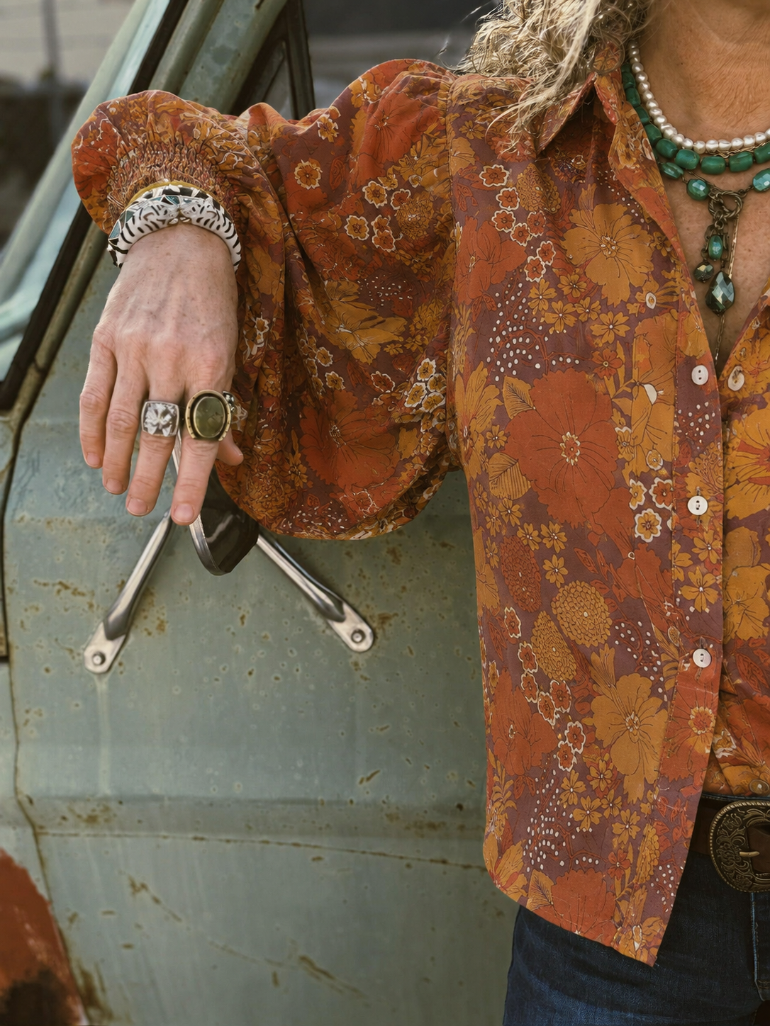 All The Leaves Are Brown Retro Floral Button Up Mesh Blouse