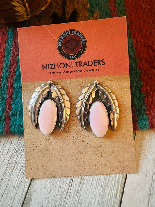 Handcrafted Sterling Silver & Queen Pink Conch Leaf Post Earrings