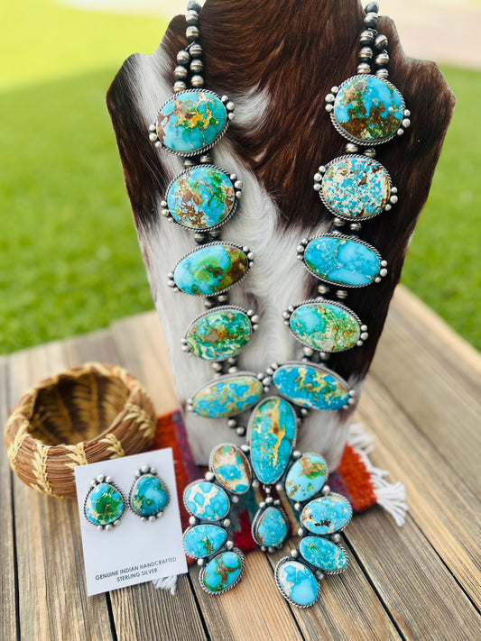 Handcrafted Sonoran Mountain Turquoise & Sterling Silver Squash Blossom Necklace and Earring Set