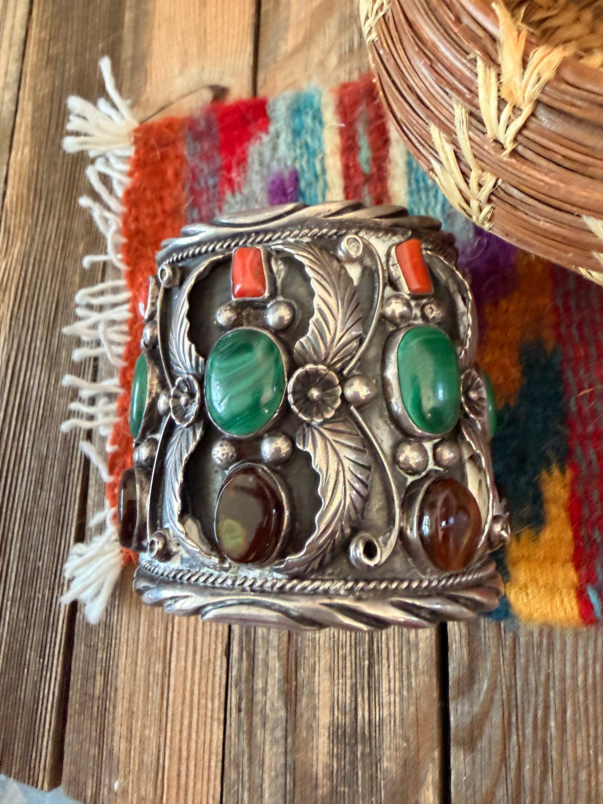 Handcrafted Old Pawn Sterling Silver & Multi Stone Cuff Bracelet