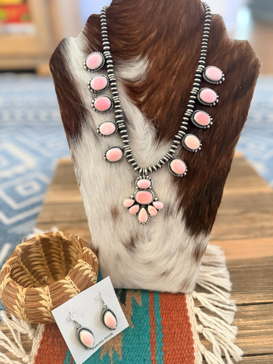Handcrafted Queen Pink Conch & Sterling Silver Cluster Necklace and Earring Set