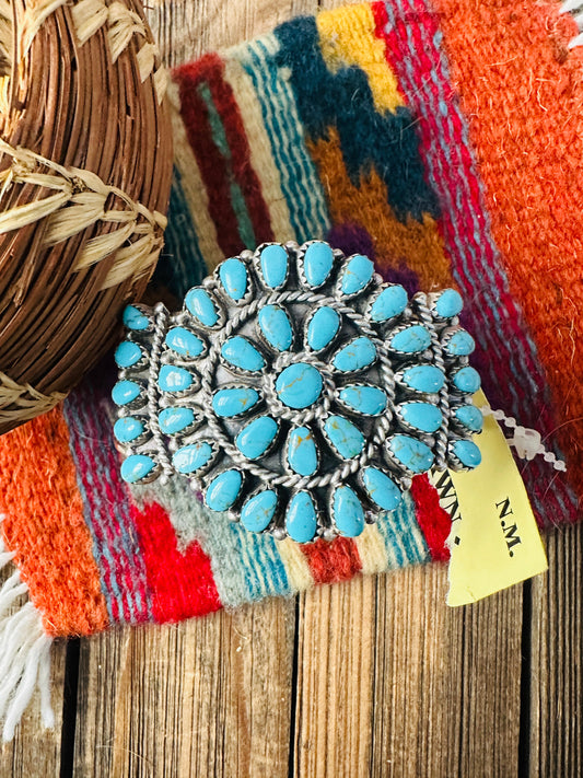 Handcrafted Old Pawn Sterling Silver & Turquoise Cluster Cuff Bracelet