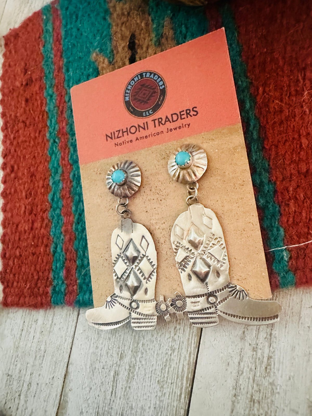 Handcrafted Turquoise & Sterling Silver Cowboy Boot Dangle Earrings By Tim Yazzie