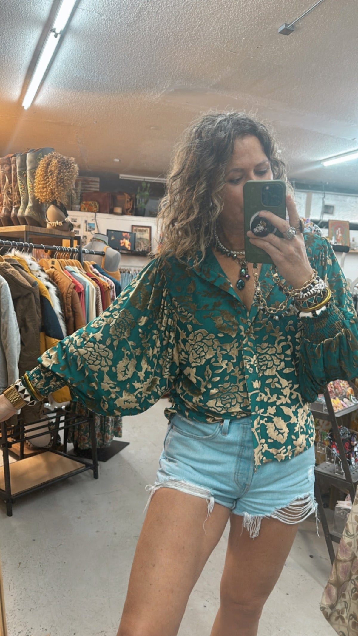 After Midnight Burnout Velvet Mesh Balloon Sleeve Button Up Blouse