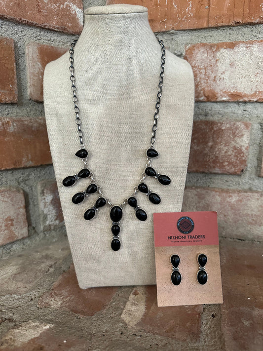 Handcrafted Sterling Silver & Black Onyx Necklace and Earring Set by Lucian Koinva