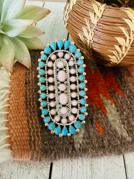 Handcrafted Sterling Silver, Turquoise & Queen Pink Conch Adjustable Ring