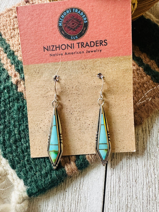 Handcrafted Sonoran Mountain Turquoise And Sterling Silver Inlay Dangle Earrings