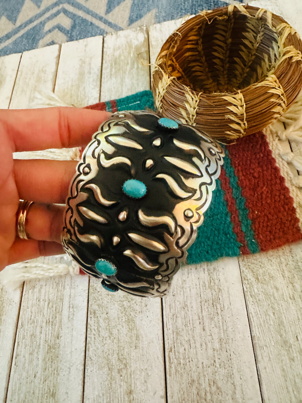 Handcrafted Sterling Silver & Turquoise Bangle Bracelet by Leander Tahe