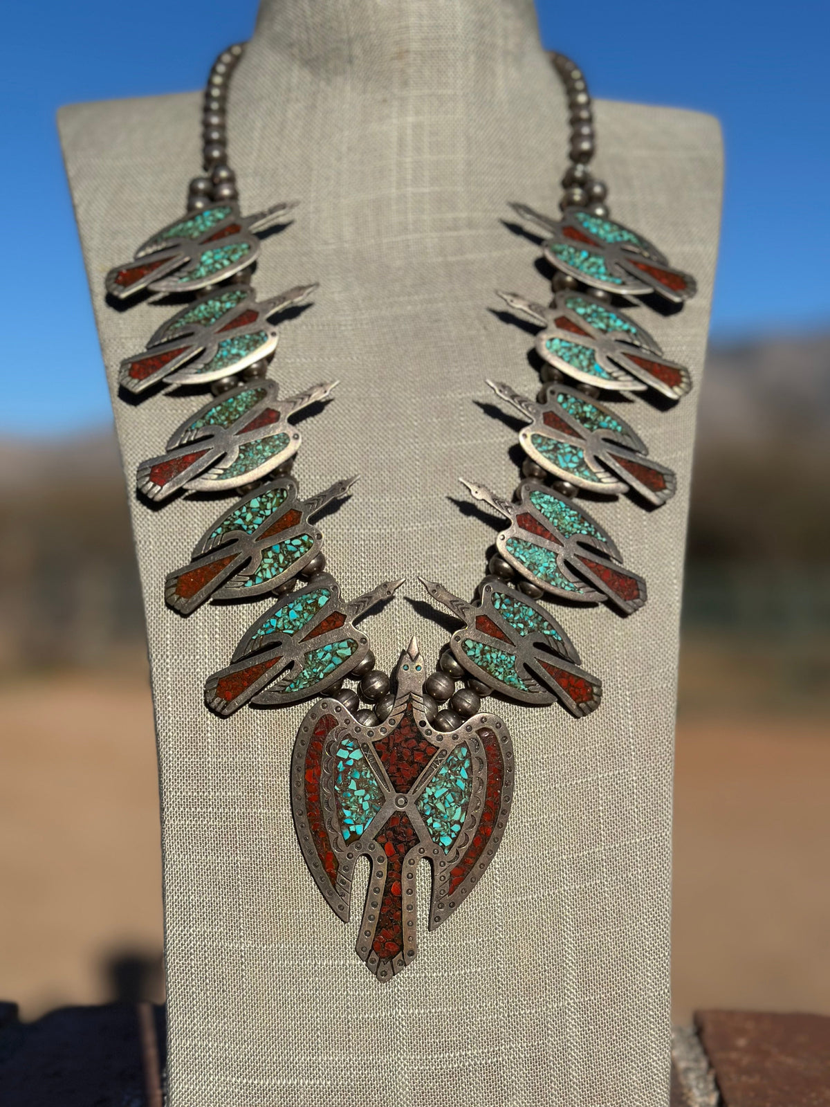 Estate Collection Old Pawn Handcrafted Turquoise & Coral Sterling Silver Chip Inlay Thunderbird Squash Blossom Necklace