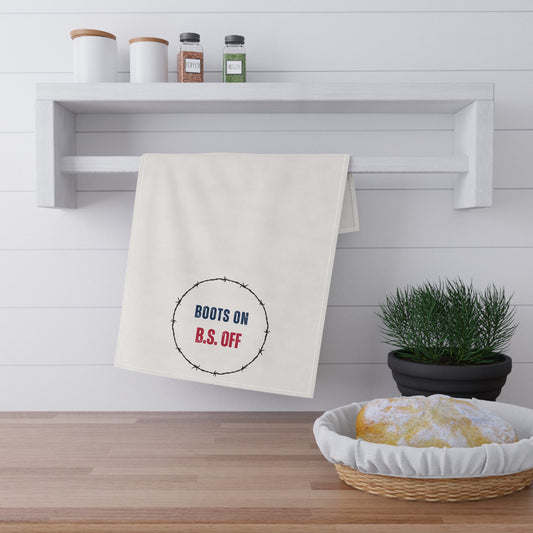 Humorous Barbed Wire Tea Towels, "BOOTS ON B.S. OFF" Funny Kitchen Decor, Gift for Chefs, Cooking Humor, Housewarming Gift, Unique Dish Towels