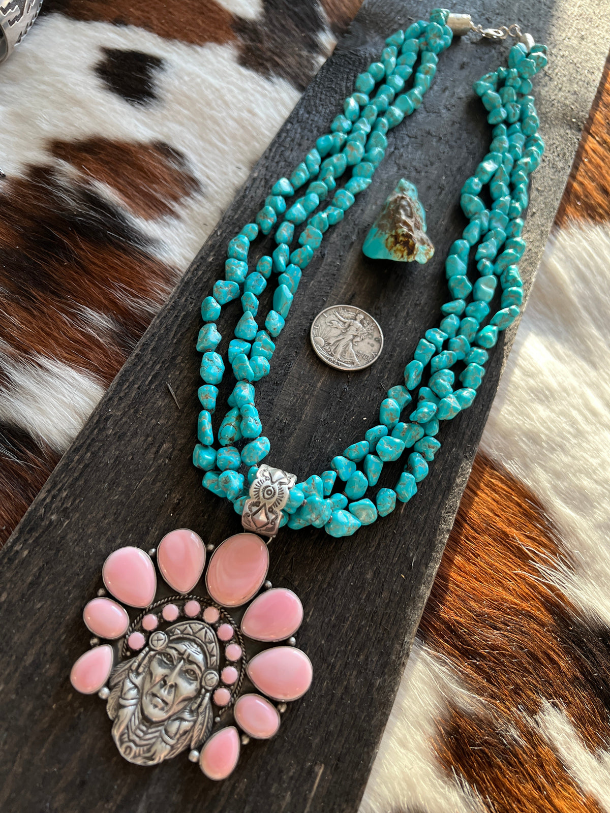 Handcrafted Sterling Silver Pink Conch Chief and Triple Strand Turquoise Nugget Bead Necklace by Patrick Yazzie