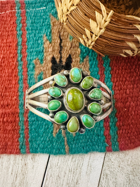 Handcrafted Sonoran Gold Turquoise & Sterling Silver Cluster Cuff Bracelet /