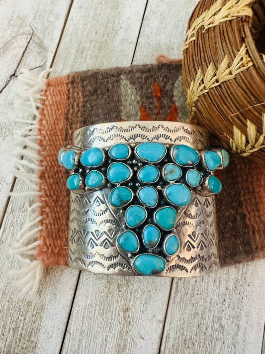 Handcrafted Sterling Silver & Turquoise Bullhead Cluster Cuff Bracelet