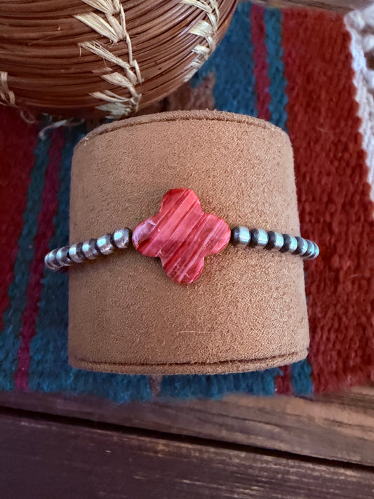 Handcrafted Spiny Oyster & Sterling Silver Pearl Cross Beaded Bracelet