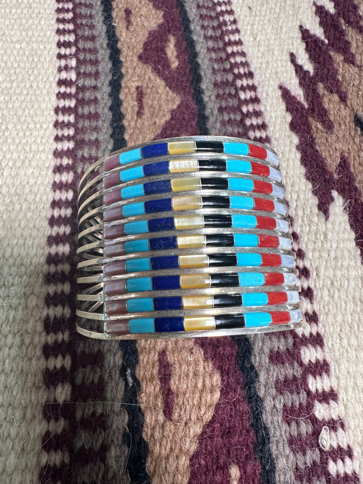 Handcrafted Multi Stone & Sterling Silver Inlay Cuff Bracelet Signed