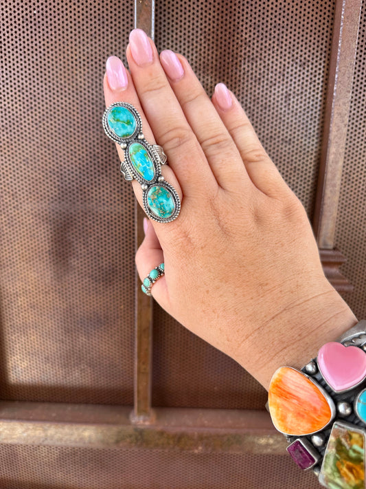 Handcrafted Sonoran Gold Turquoise & Sterling Silver 3 Stone Ring Size 8.5 Signed