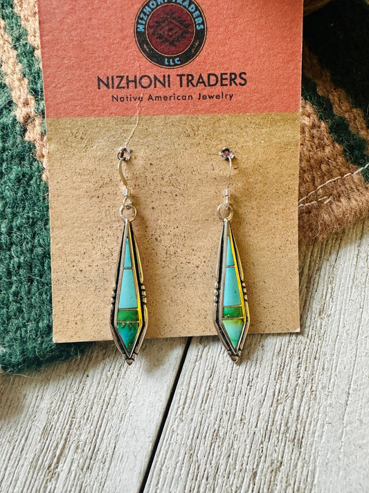 Handcrafted Sonoran Mountain Turquoise And Sterling Silver Inlay Dangle Earrings