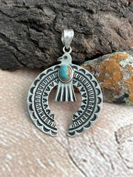 Handmade Sterling Silver Kingman Turquoise Naja Pendant "Signed Nizhoni" (3)