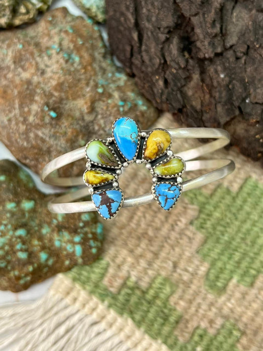 Handmade Sterling Silver Palomino with Golden Hills and Sonoran Turquoise Naja Bracelet "Signed Nizhoni"