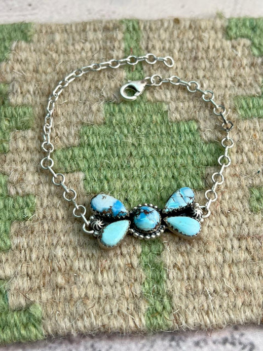 Handmade Sterling Silver Golden Hills Turquoise Chain Bracelet "Signed Nizhoni"