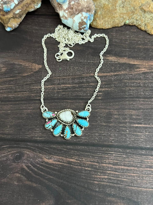 Handmade Sterling Silver Cotton Candy Turquoise Necklace with Signed Nizhoni