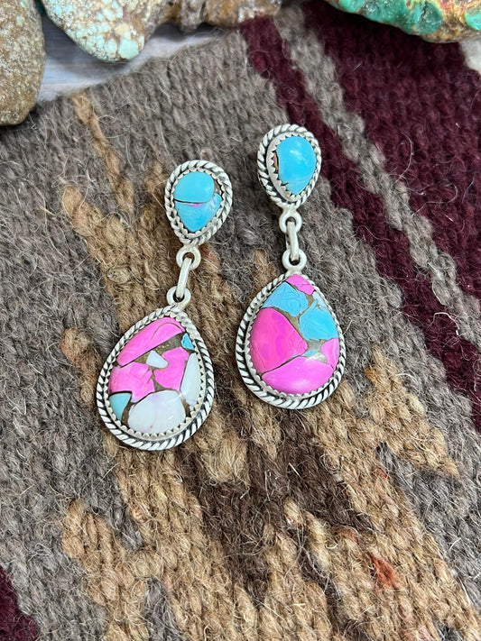 Handmade Sterling Silver Cotton Candy Turquoise Post Dangle Earrings with Signed Nizhoni