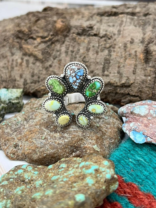 Handmade Sterling Silver Palomino with Golden Hills and Sonoran Mountain Turquoise Adjustable Ring " Signed Nizhoni"