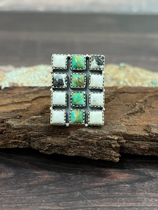 Handmade Sterling Silver Kingman with White Buffalo Turquoise Adjustable Ring with Signed Nizhoni